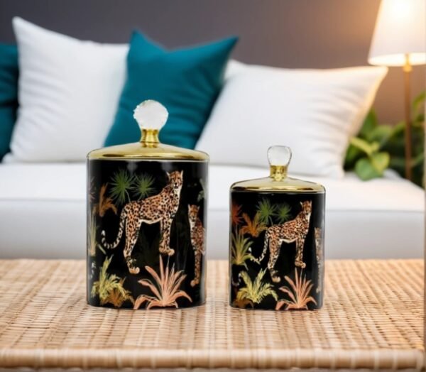 A Set of Candy Jars on a cane mat