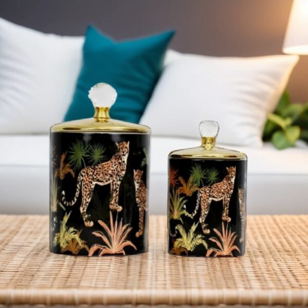 A Set of Candy Jars on a cane mat