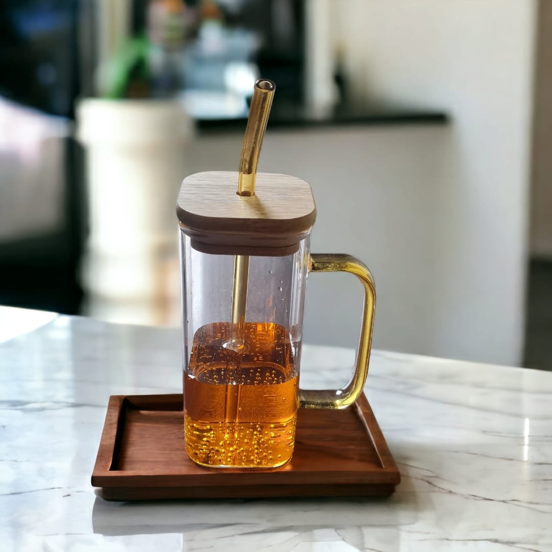 Transparent Glass Mug with Glass Straw and Bamboo Lid