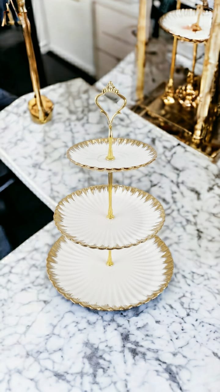 White Porcelain Three-Layer Serving Platter with Golden Trim