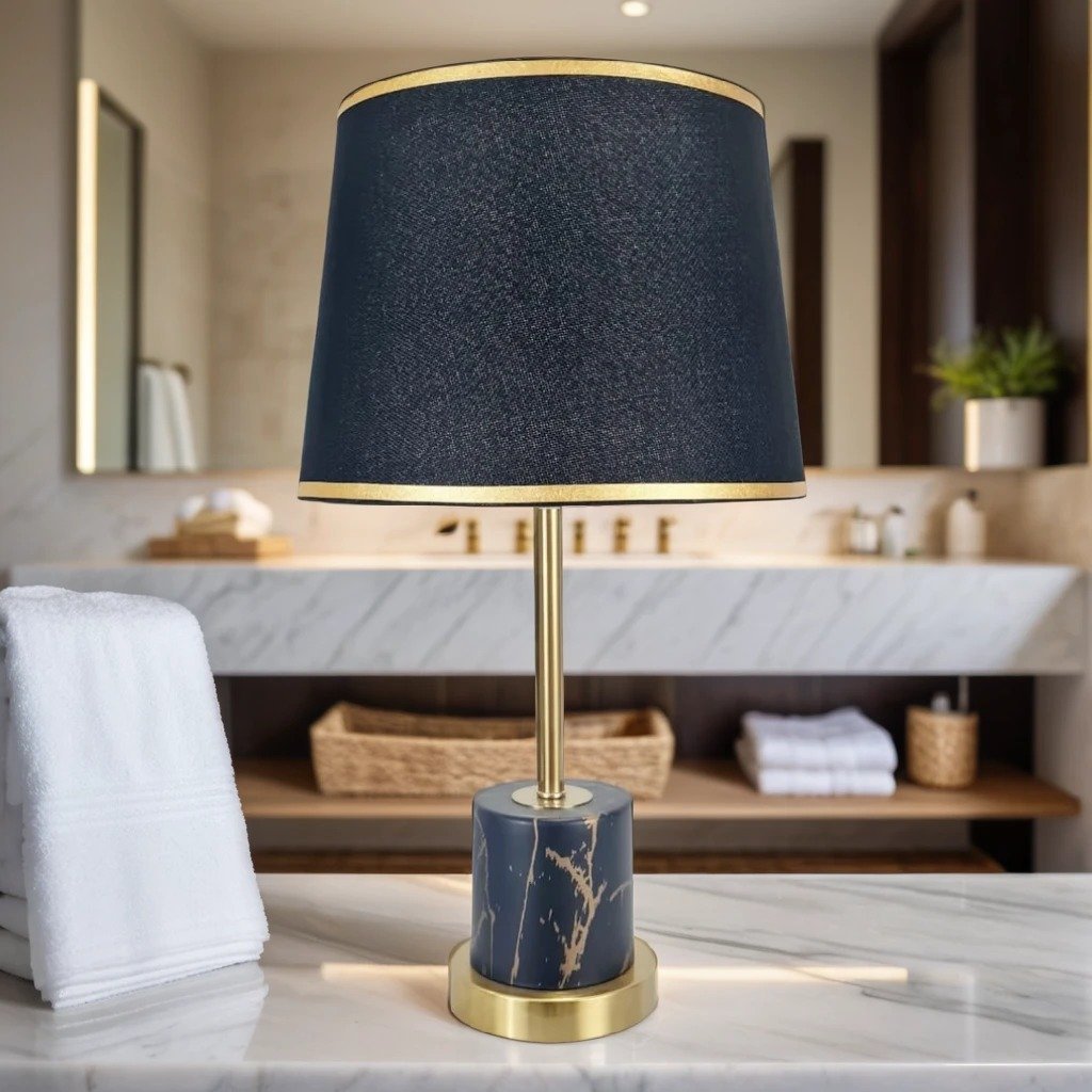 1745594375113.jpg Marble Texture Lamp Pair With Shades - Image 1