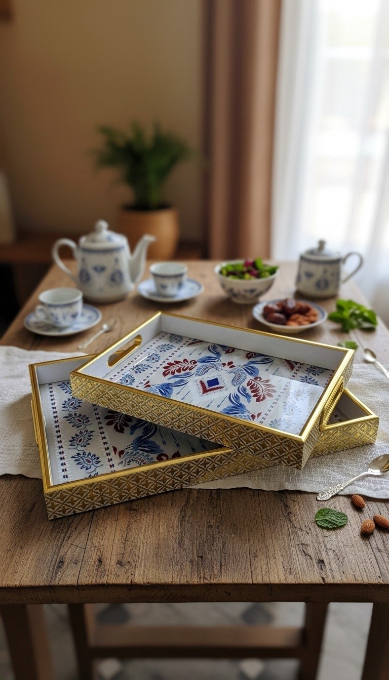 3098-6 Cobalt Ikat Nesting Tray Set - Image 1