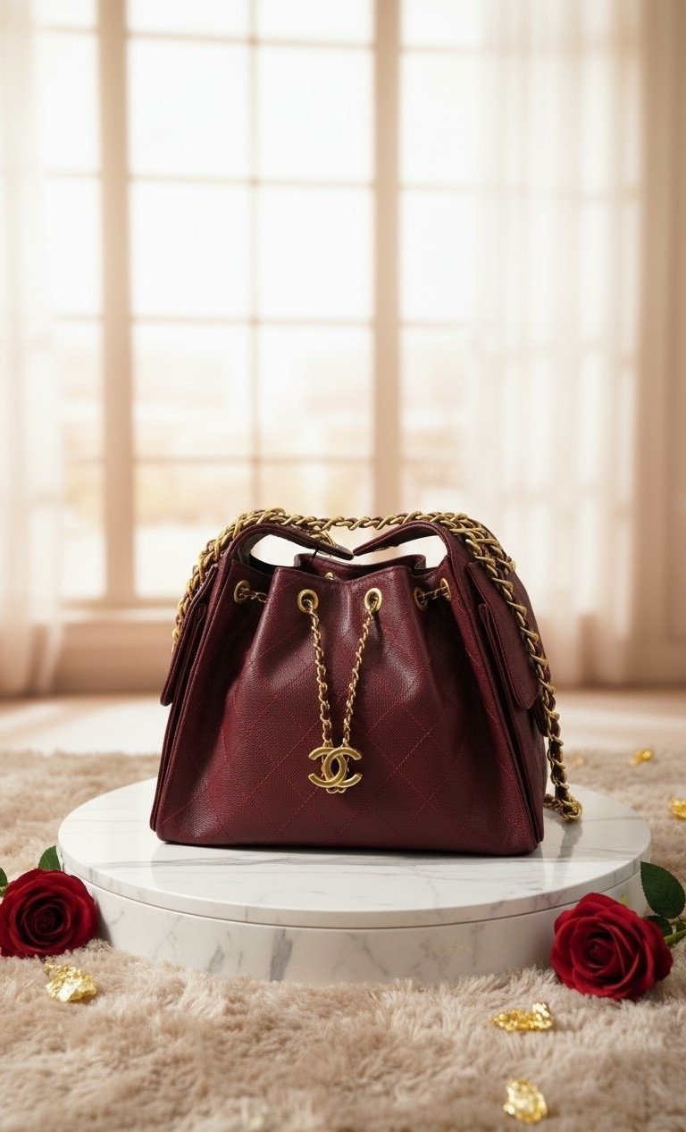 3763- MAROON C25 Hobo Drawstring Bucket Bag - Image 1