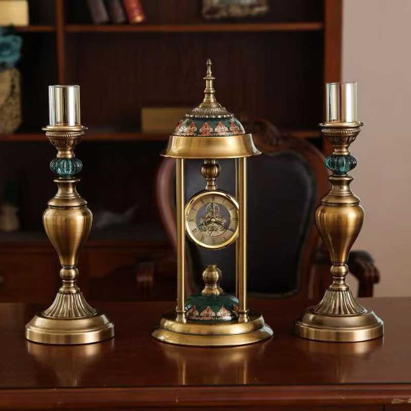 6584-202-1 European-style Vintage Table Clock With Matching Candle Stands 3 Piece Set - Image 1