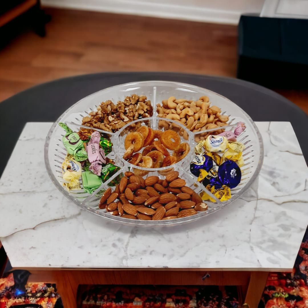 Acrylic_round_dish_dry_fruit_2.jpeg Acrylic Dry Fruit Partitioned Serving Tray with Lid - Image 1