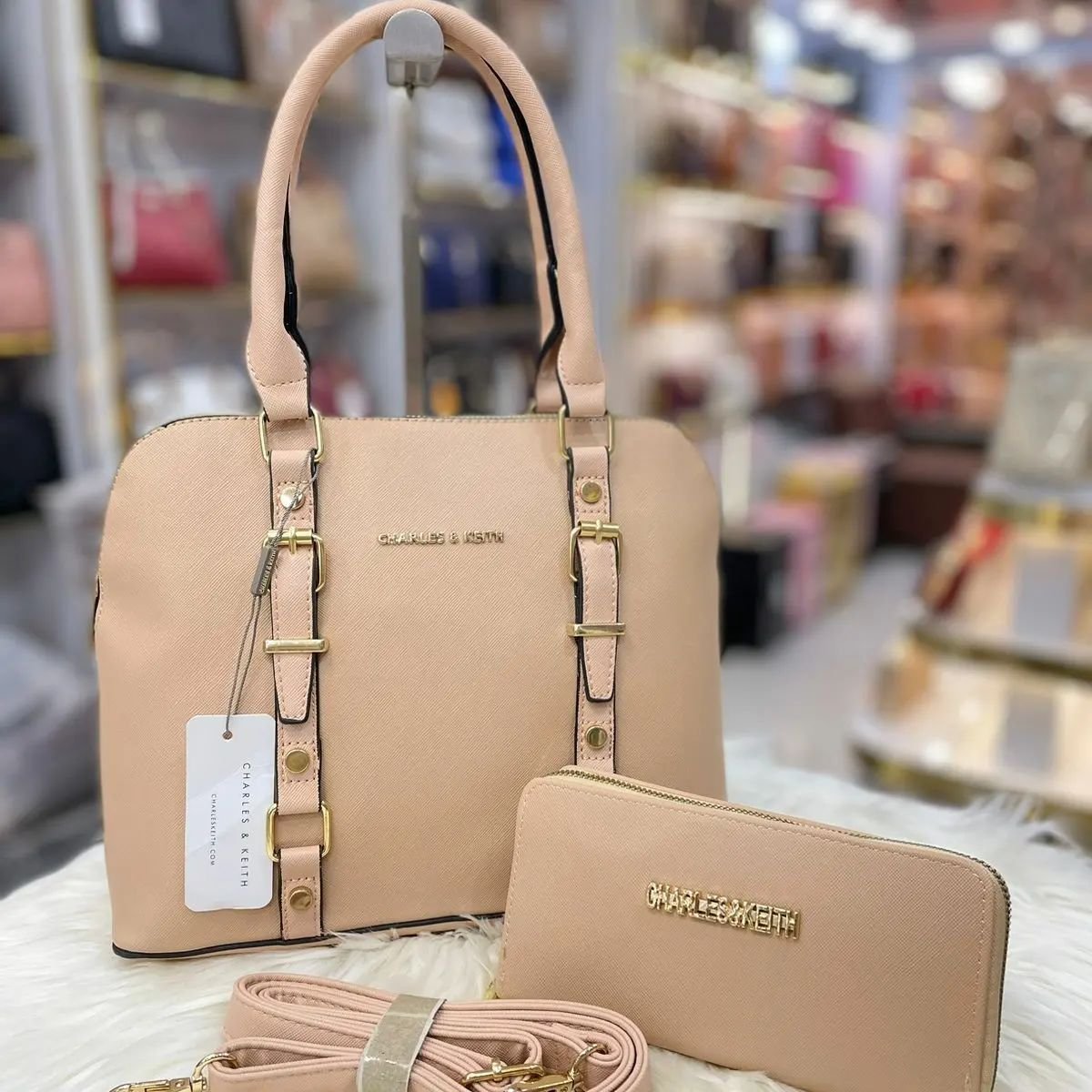 Charles-Keith-Hand-Bag-2-Pc-Set-6327-P7500-Q7-CLR-BAIGE-RK11.jpg Ladies Satchel Bag with Wallet - Image 1