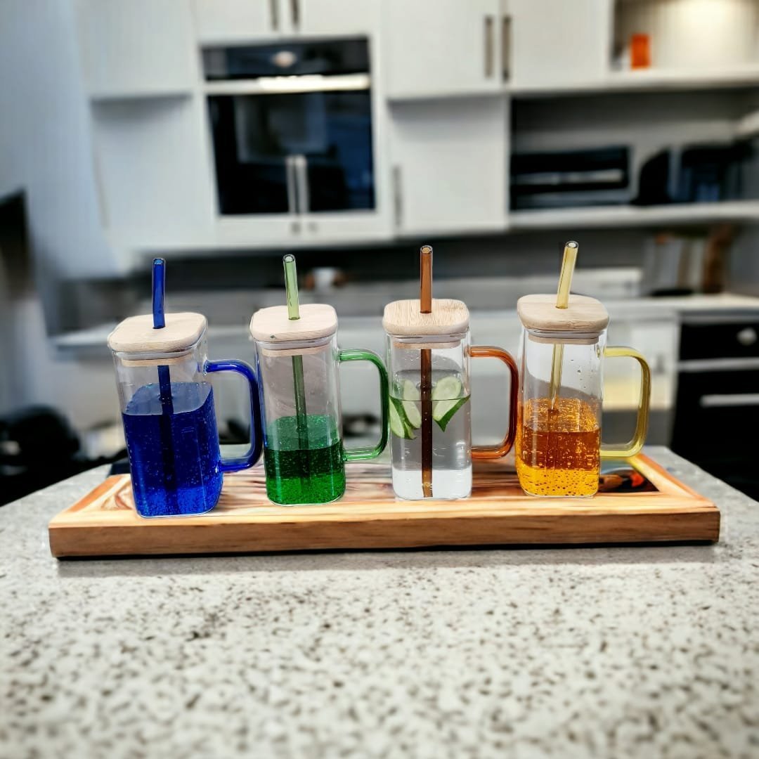 Glass_jars_bamboo_lids_5.jpeg Transparent Glass Mug with Glass Straw and Bamboo Lid - Image 1