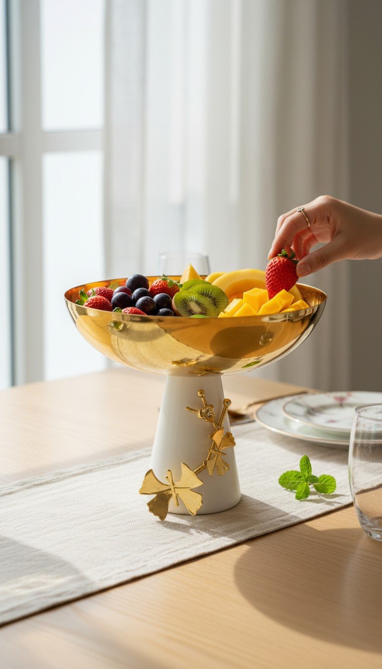 HK873 LARGE Ginkgo Leaf Pedestal Serving Bowl – Large - Image 1