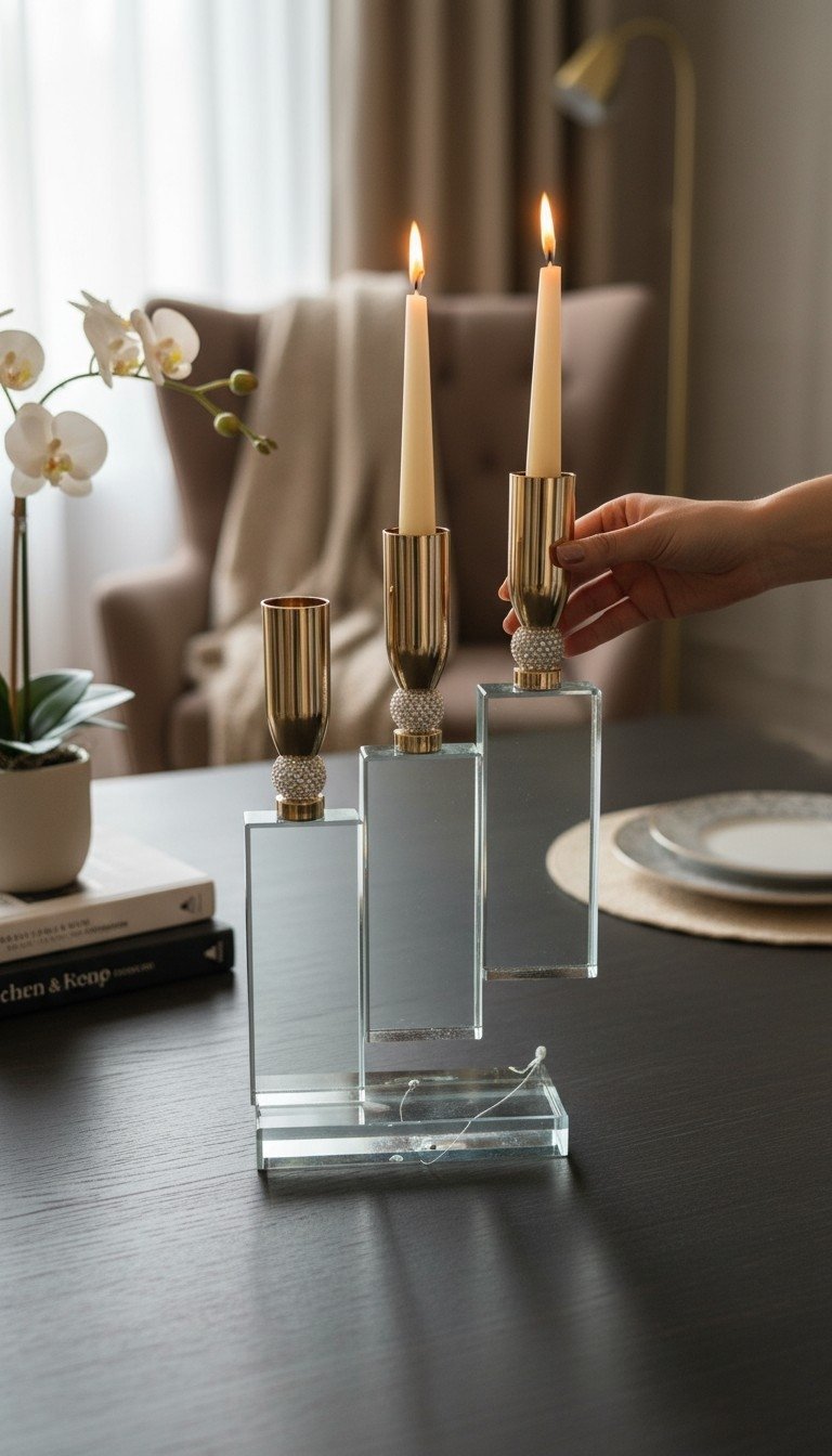 ITL 384 3 Holder Crystal and Gold Candelabra Candle Stand - Image 1