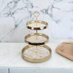 White Porcelain Three-Layer Serving Platter with Golden Trim - Image 3