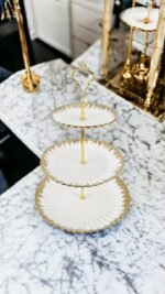 White Porcelain Three-Layer Serving Platter with Golden Trim - Image 2