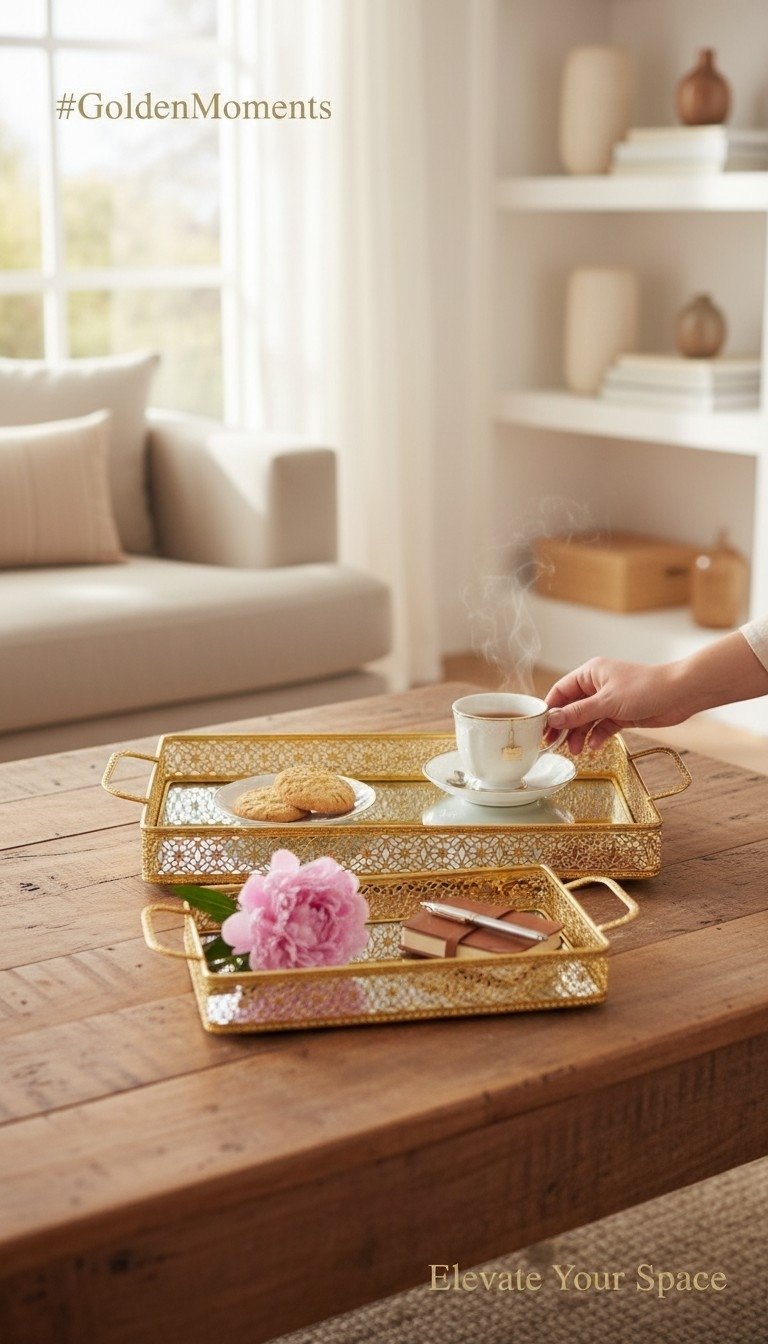 Filigree Lace Gold Mirror Tray Set - Image 1