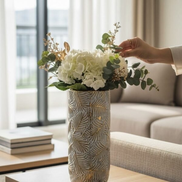 Gold Palm Leaf Textured Ceramic Vase