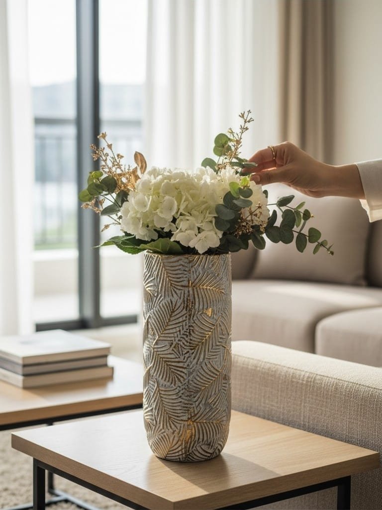 Gold Palm Leaf Textured Ceramic Vase - Image 1