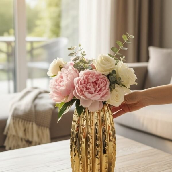 Metallic Gold Studded Ribbed Vase