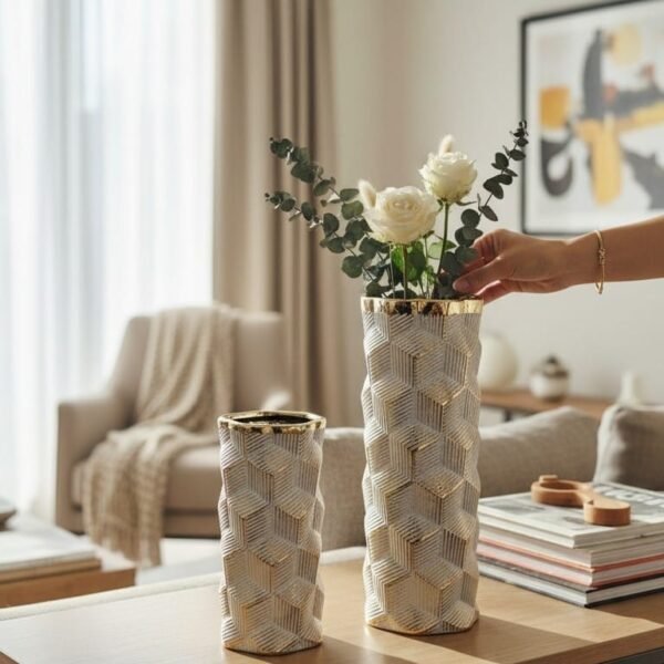 Textured Geometric Ceramic Vase Set with Gold Accents