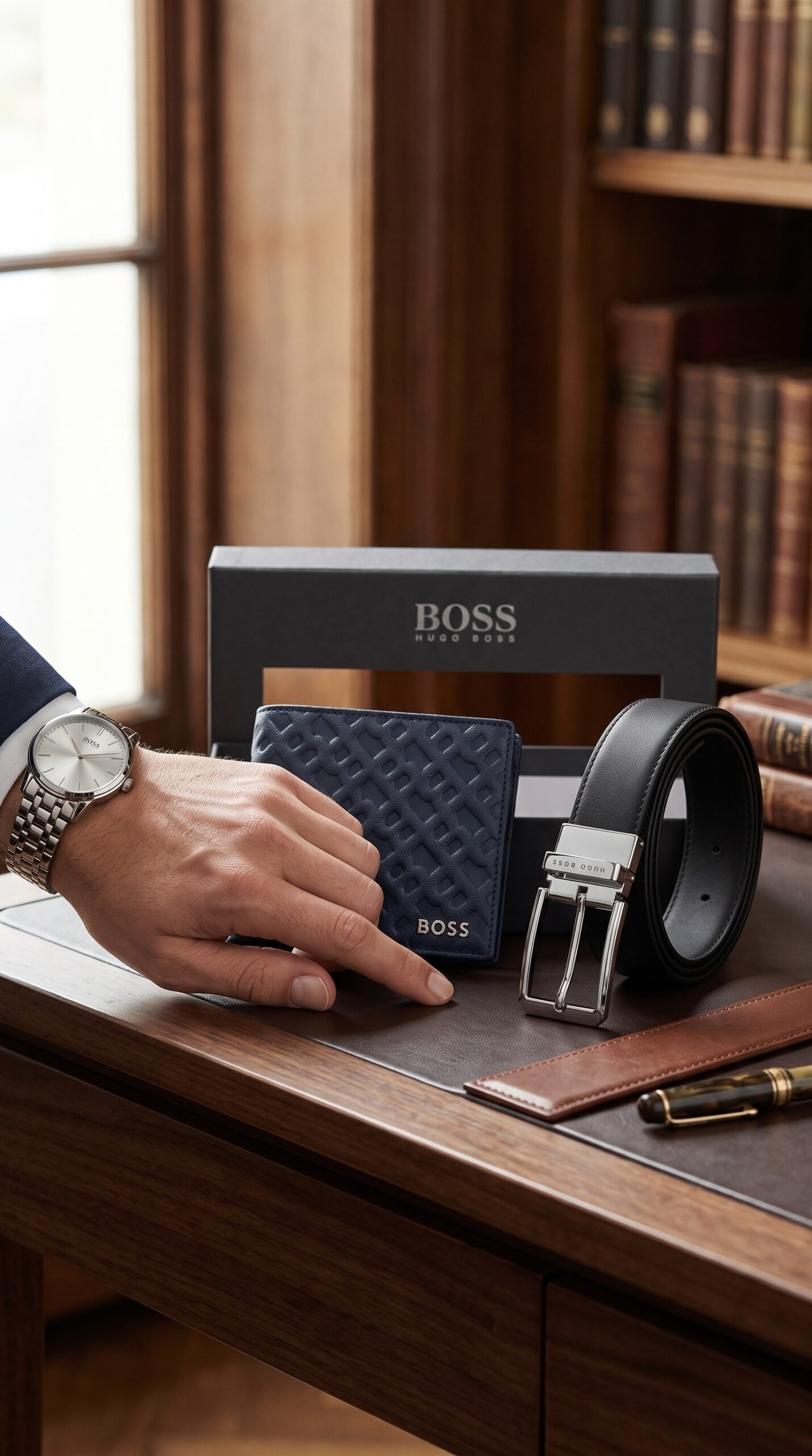 1408A- B BLUE Navy Blue Wallet & Two-Tone Dress Belt Gift Set - Image 1