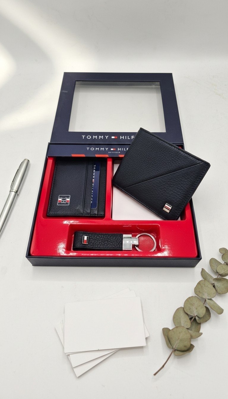7602K-BU-TH-BLACK Black Wallet, Cardholder & Keychain Gift Set – Textured Leather - Image 1