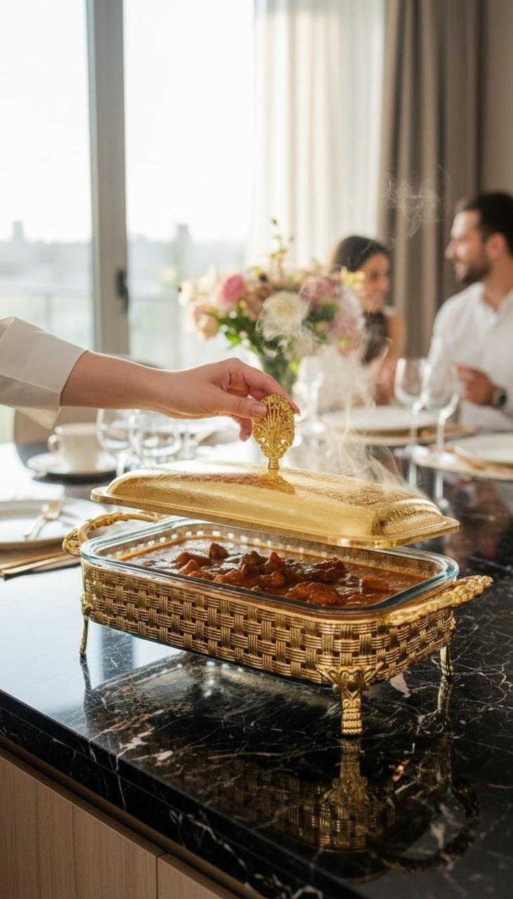 JKC147-A Gold-Toned Glass & Metal Chafing Dish – 2.2L - Image 1
