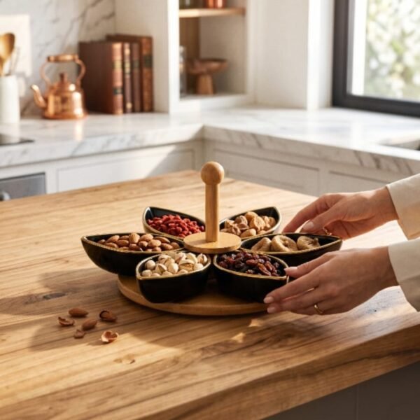 Teal & Gold Leaf Bowl Rotating Serving Tray