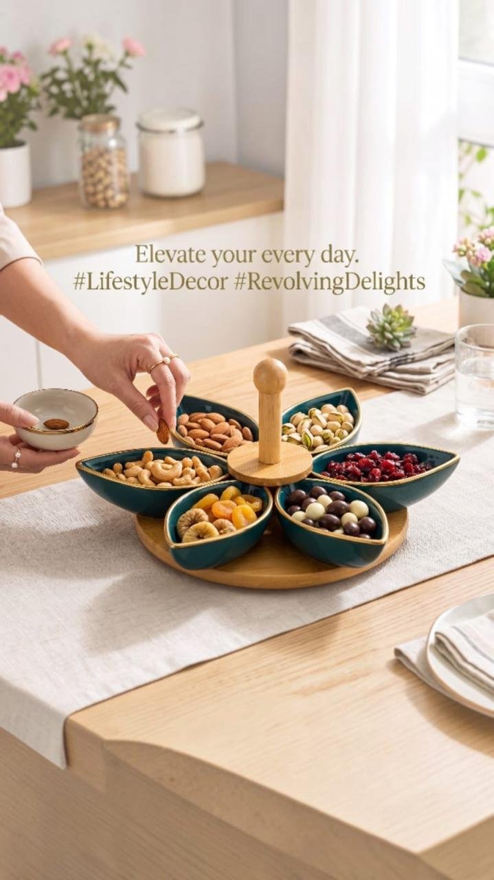 Black & Gold Leaf Bowl Rotating Serving Tray - Image 1