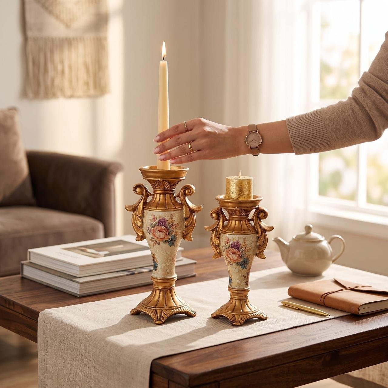 Vintage Gold Floral Candlestick Holders – Set of 2 - Image 1