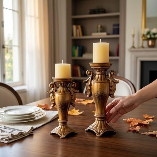 Antique Gold Emblem Candlestick Holders – Set of 2