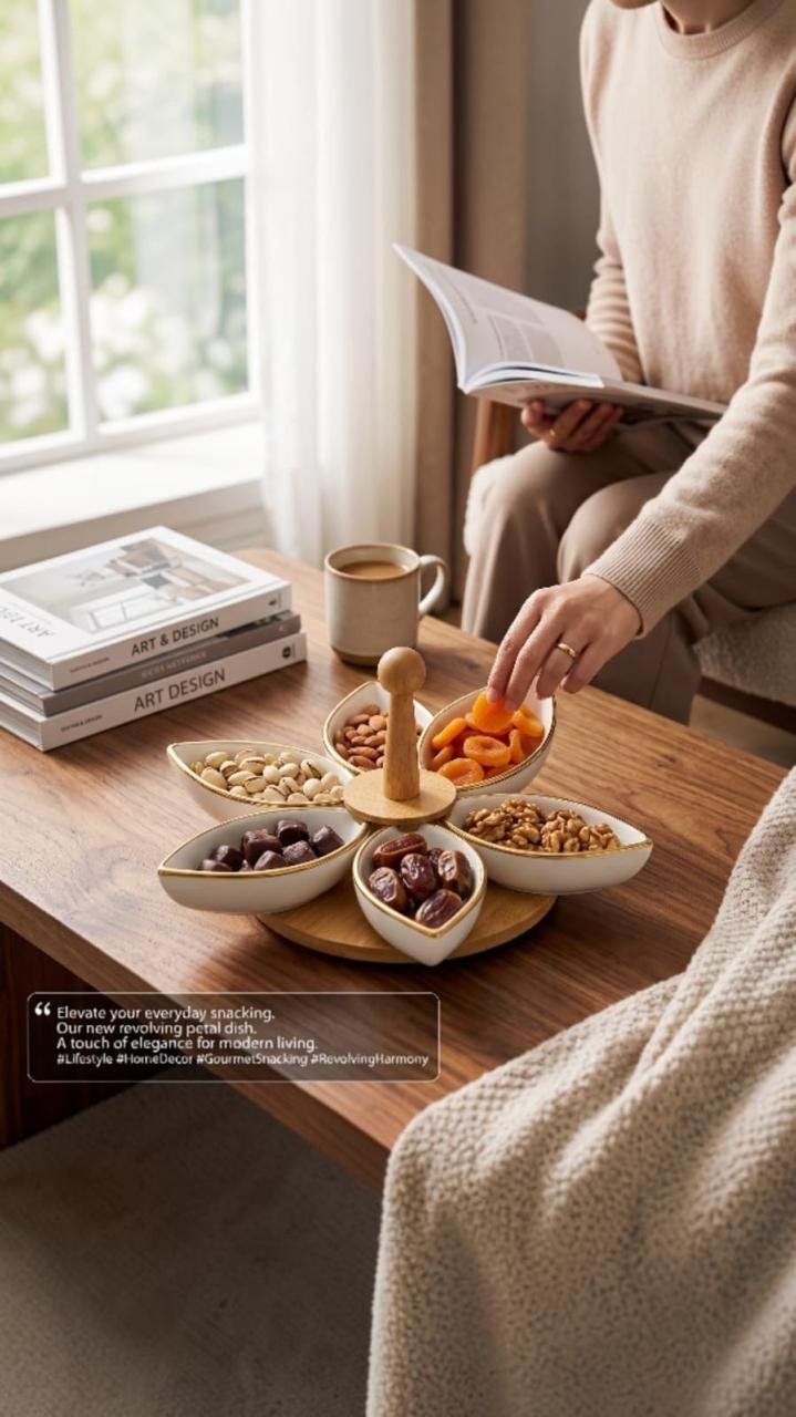 White & Gold Petal Bowl Rotating Serving Tray - Image 1